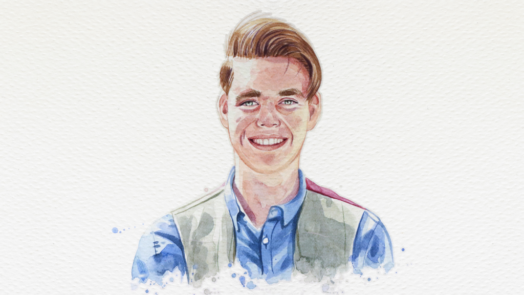 Watercolour portrait illustration of a smiling young man with light brown hair swept to one side, wearing a blue button-up shirt and a light grey waistcoat, centred on a white textured background.