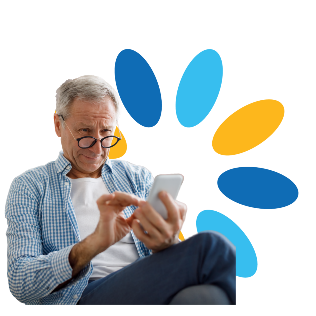 Illustration of an man wearing glasses using a smartphone, with colourful abstract shapes in the background, representing digital inclusion and support.