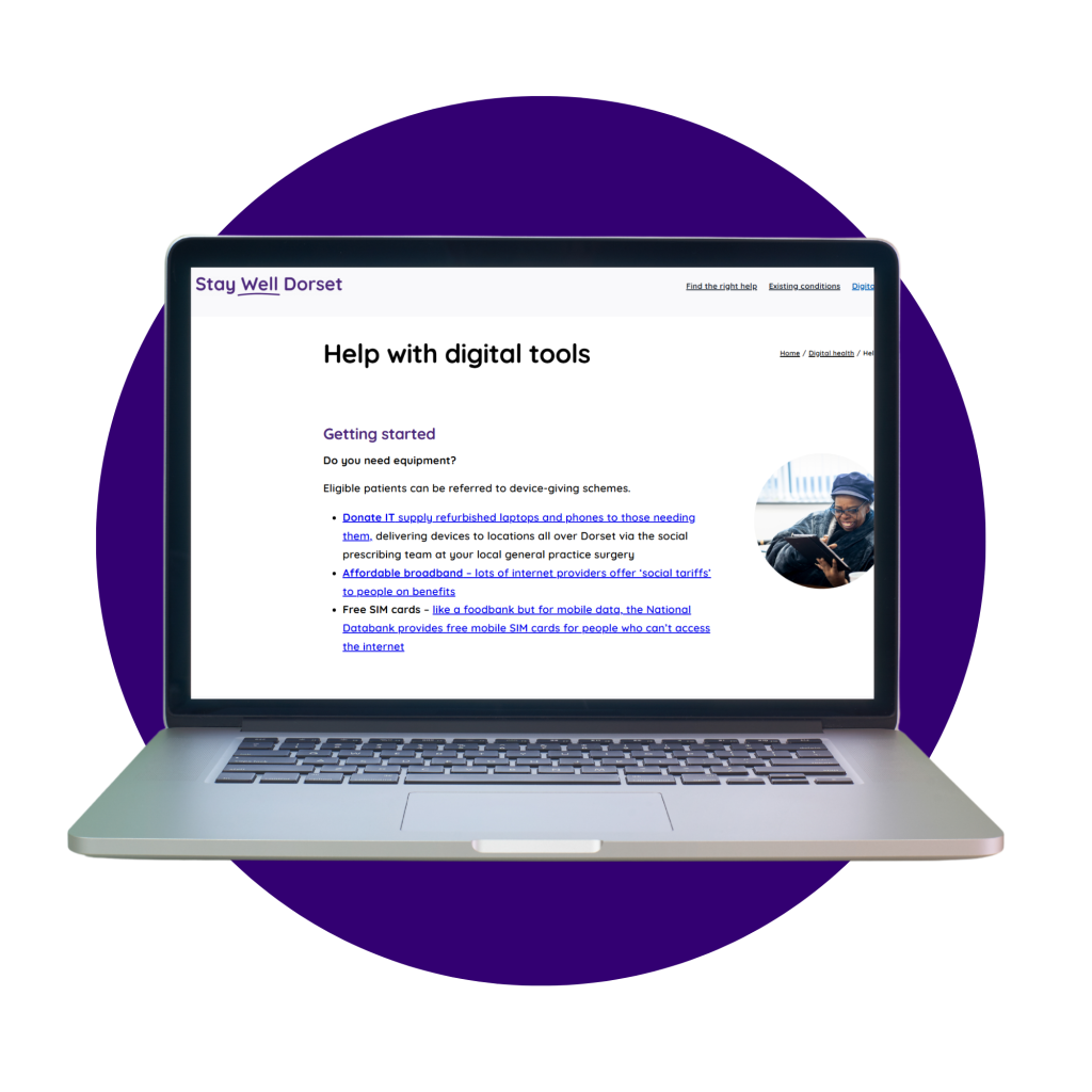 Illustration of a laptop displaying the Stay Well Dorset "Help with digital tools" webpage, set against a purple circular background.