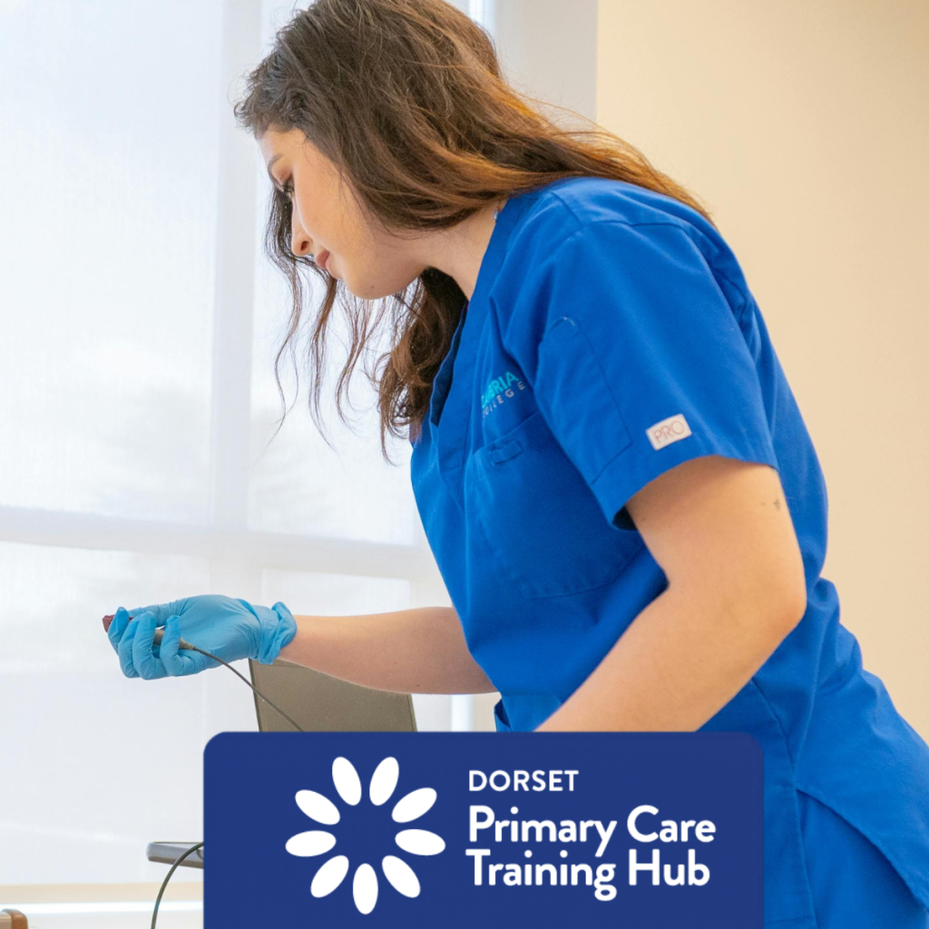 A nurse in blue clinical uniform carrying out a clinical procedure while wearing gloves in a healthcare setting. The Dorset Primary Care Training Hub logo appears at the bottom of the image.