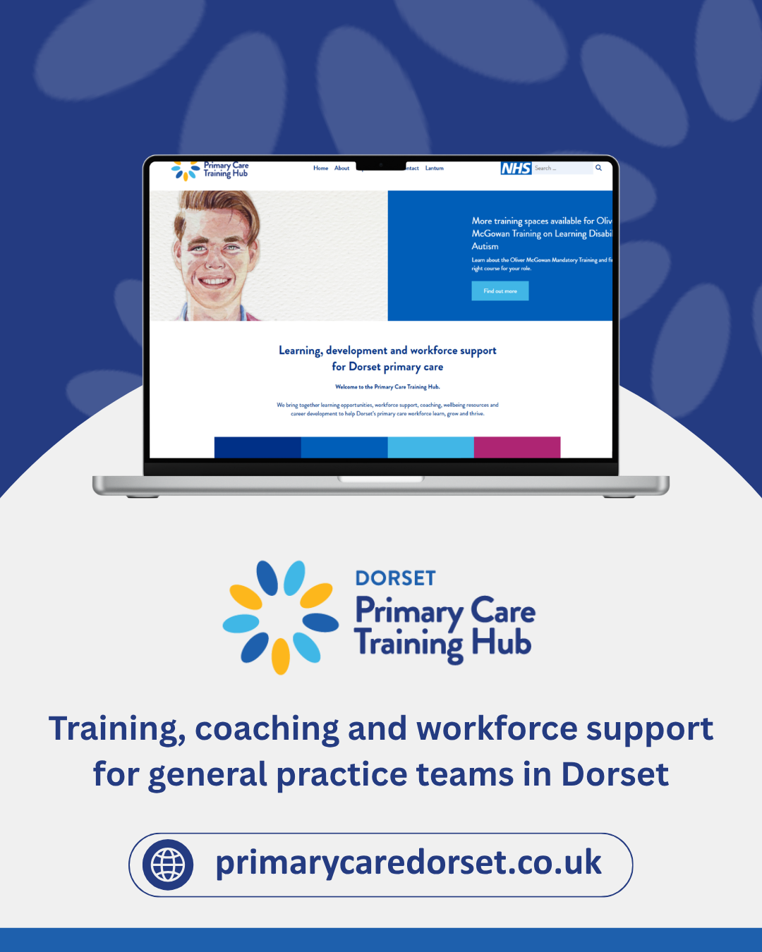 Graphic promoting the Dorset Primary Care Training Hub website. A laptop shows the Primary Care Training Hub homepage, with the Dorset Primary Care Training Hub logo underneath. Text reads: “Training, coaching and workforce support for general practice teams in Dorset” and “primarycaredorset.co.uk”.