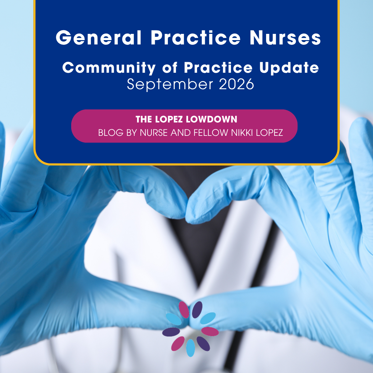 Promotional banner for the General Practice Nurses Community of Practice Update, September 2026. A blue title panel displays "General Practice Nurses Community of Practice Update" and "The Lopez Lowdown" blog by Nikki Lopez. In the background, blue medical gloves form a heart shape in front of a healthcare uniform, with a colourful circular logo at the bottom centre.